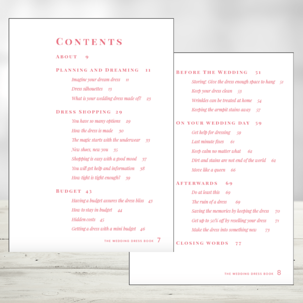 wedding dress guide contents page