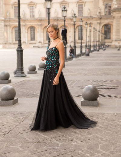 scandi chic evening fashion black sequined evening gown by Heili Bridal at Paris Louvre